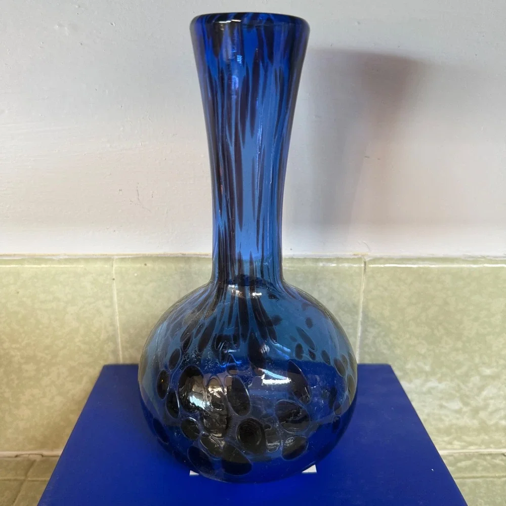 Cobalt Blue Hand Blown Art Glass Bud Vase Spotted Leopard Pattern MCM Style 8